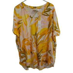 C&C California‎ Womens 2X V Neck Short Sleeve Tropical Leaf Print Top